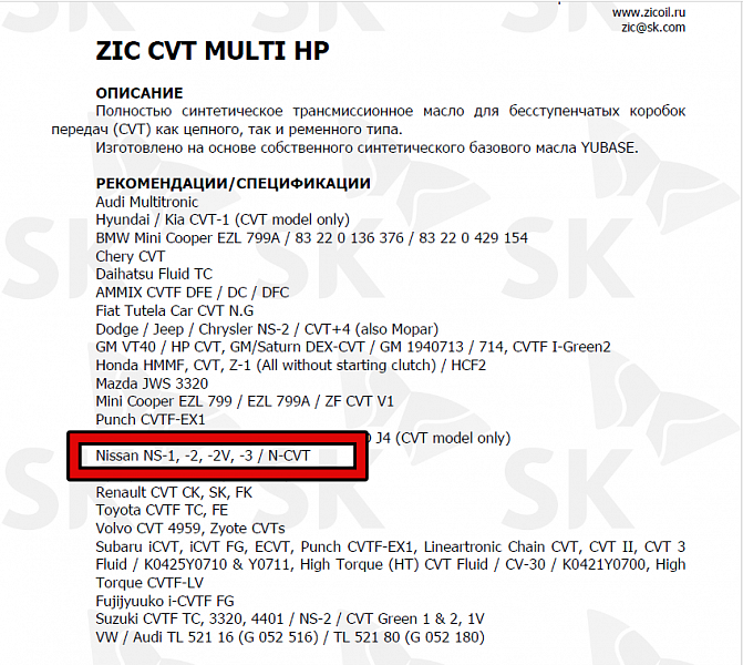 Используемое трансмиссионное масло ZIC CVT Multi имеет официальный допуск Nissan CVT NS-2