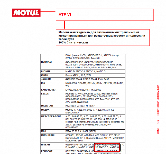 Используемое трансмиссионное масло Motul ATF 6 имеет официальный допуск Nissan ATF Matic S